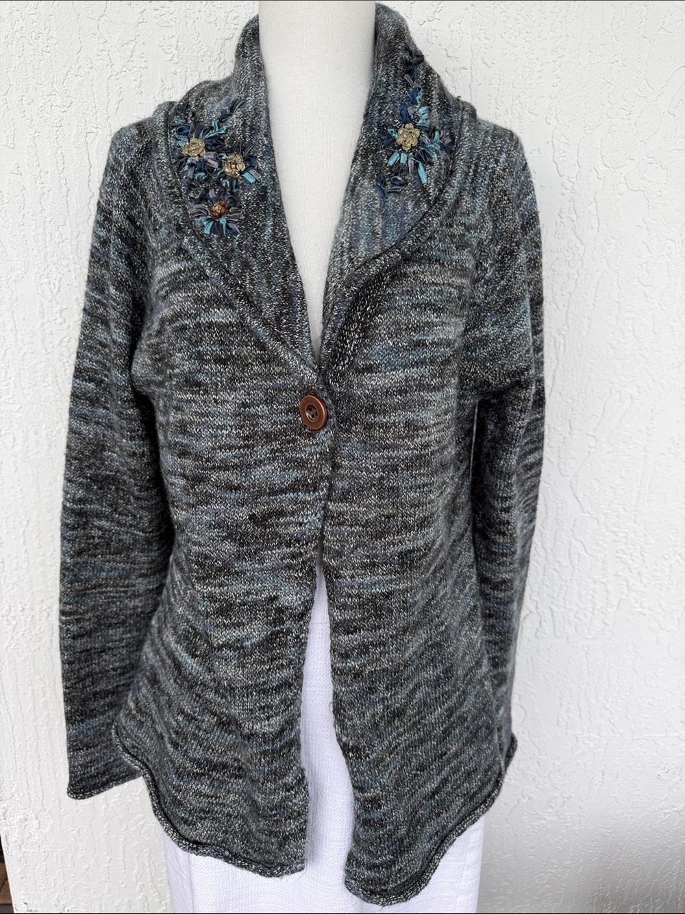 VIntage Christopher & Banks  Hand Embroidered Shawl Collar  Cardigan SZ M